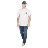 Remera beige de manga corta con cuello redondo y estampado pequeño de hongo en el pecho.