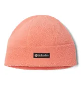 Gorro de lana Columbia color durazno, con textura tipo sherpa y logo de la marca bordado en el frente.