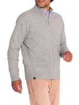 Sweater celeste de punto con cuello alto y cierre frontal completo.