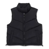 Chaleco puffer negro con cuello alto, cierre frontal con cremallera, bolsillos laterales y cordón ajustable en el ruedo.