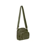 Bandolera New Balance color verde oliva con correa ajustable, bolsillo trasero y bolsillo frontal pequeño. Incluye logo de la marca en la parte inferior.