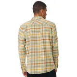 Camisa de franela a cuadros color beige, marrón, verde y amarillo, de manga larga con cuello abotonado y bolsillo en el pecho.