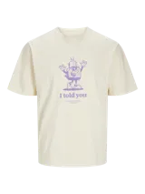Camiseta color crema de manga corta y cuello redondo con estampado de un tostador animado y la frase "I told you".