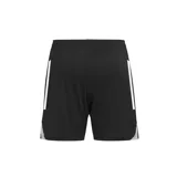 Short deportivo Adidas Tiro25C negro con tres tiras blancas en los laterales y logo blanco en la pierna derecha.