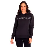 Buzo con capucha color salmón, con logo de Caterpillar estampado en blanco en el pecho y bolsillo tipo canguro.