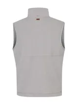 Chaleco polar gris sin mangas, confeccionado en micropolar de poliéster reciclado, con cierre frontal y tres bolsillos con cierre en color azul.