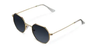 Lentes de sol geométricos con armazón dorado de acero inoxidable y lentes polarizados negros. Cuentan con protección UV400 y tratamiento antirayaduras.