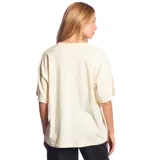 Remera color crema de corte holgado, con estampado de un diseño artístico con una serpiente, el sol y el logo de la marca Rip Curl.