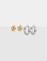 Set de dos pares de aros argollas de acero quirúrgico, un par dorado pequeño y un par plateado mediano.