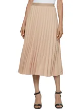 Falda midi plisada color beige con cintura elástica con logo de Tommy Hilfiger repetido.