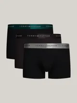 Pack de tres bóxers negros de algodón elástico con cinturas elásticas de diferentes colores (verde, negro y gris) con el logo de Tommy Hilfiger.