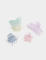 Set de cuatro broches para el pelo de plástico transparente en tonos lila y rosa, con forma de flor, mariposa y pinza.