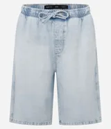 Bermuda baggy de jean celeste con cintura elástica y cordón ajustable.
