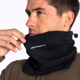 Cuello unisex de poliéster color azul marino con logo Merrell en naranja.