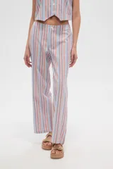 Pantalón de algodón a rayas verticales en tonos azul, rojo y beige, de corte recto y tiro alto.