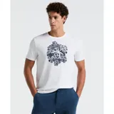Remera blanca de mangas cortas con estampado de hojas de monstera en el frente.