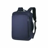 Mochila impermeable color azul, con diseño resistente a arañazos y transpirable. Cuenta con múltiples compartimentos, puerto USB externo y asas acolchonadas, además de asas superior y lateral para facilitar el transporte.
