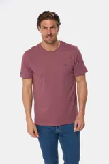 Remera celeste de manga corta con cuello redondo y bordado pequeño en el pecho. Corte clásico.