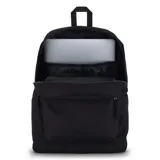 Mochila negra JanSport Superbreak Plus con compartimento interno para laptop y bolsillo lateral para botella.