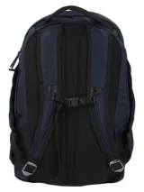 Mochila unisex azul marino de poliéster reciclado, con compartimento principal con cierre a prueba de agua, cintas de compresión internas, dos bolsillos interiores de malla con cierre, compartimento acolchado para laptop de 16 pulgadas, bolsillo delantero con múltiples compartimentos, bolsillos laterales con cierre para botellas, bolsillo superior con cierre para anteojos, correa compresora de pecho, correas de hombro ajustables, espalda acolchada y ergonómica, forro interior 100% poliéster reciclado e incluye llavero mosquetón.