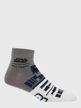 Calcetines cortos para hombre, color gris, blanco y azul marino, con diseño inspirado en el droide R2-D2 de Star Wars. Incluyen el logo de Star Wars y la marca Hush Puppies.