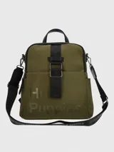 Mochila verde militar con detalles en negro, marca Hush Puppies.