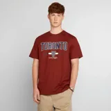 Remera color ladrillo con estampado frontal de la palabra "Toronto" en letras grandes con borde azul marino, un logo con la letra "T" y la palabra "Canada" en letras pequeñas.