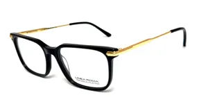 Armazón para lentes recetados Linea Roma 114, de acetato negro con detalles dorados y patillas doradas con terminales negros.