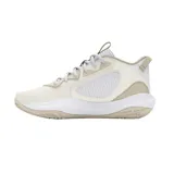 Championes de básquet Under Armour Lockdown 6, color blanco con detalles en negro y suela con diseño abstracto en blanco y negro.