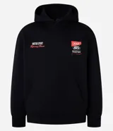 Buzo negro de hombre confeccionado en fleece, de corte relajado, con capucha, mangas largas con puños ajustados, bolsillo canguro y estampado de automovilismo "Racing Team".