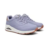 Championes Skechers Street Uno - Shimmer Away color lila con detalles en color cobre. Capellada de durabuck sintético, cordones elásticos, plantilla Skechers Air-Cooled Memory Foam y cámara de aire visible Skech-Air.