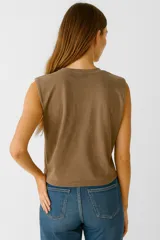 Musculosa negra sin mangas de algodón con cuello redondo y apliques de strass.