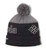 Gorro de lana Columbia unisex, con pompón en la parte superior, diseño a rayas horizontales en tonos de gris y negro, y logo de la marca bordado en el frente. Cuenta con tecnología térmica reflectante Omni-Heat™ Infinity y forro polar interior.