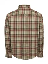 Camisa de franela a cuadros color celeste, naranja y marrón, de manga larga y corte moderno.