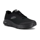 Championes Skechers Arch Fit negros, con capellada de malla knit deportiva y detalles sintéticos. Cuentan con cordones, plantilla Arch Fit removible y suela de goma flexible.