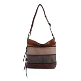 Bandolera marrón con paneles combinados en tonos beige y verde. Tiene apertura superior con cierre, bolsillo frontal con cierre, tres bolsillos internos (dos con cierre), bolsillo trasero con cierre y correa larga regulable.