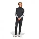 Conjunto deportivo Adidas negro de tricot, compuesto por campera con cierre y pantalón. La campera tiene cuello alto, cierre frontal, bolsillos laterales y las tres franjas blancas características en las mangas. El pantalón tiene cintura elástica con cordón ajustable y las tres franjas blancas en los laterales.