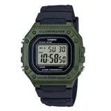 Reloj digital Casio con caja cuadrada de resina verde y correa de resina negra. Cuenta con luz LED, cronómetro, alarma diaria, calendario automático y resistencia al agua de 50 metros.