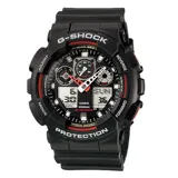 Reloj Casio G-Shock GA100-1A1HDR negro con detalles en rojo. Cuenta con pantalla analógica-digital, cronómetro, temporizador, alarmas, calendario y resistencia al agua hasta 200 metros.