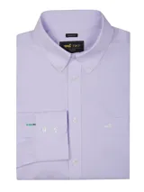 Camisa de hombre RKF, modelo WF PB, de manga larga con diseño a cuadros celestes y blancos. Tiene cuello abotonado, bolsillo en el pecho con logo bordado y tecnología wrinkle-free.
