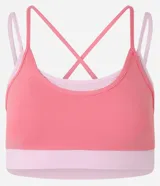 Top deportivo de microfibra color rosa con breteles finos y diseño de superposición bicolor.