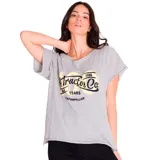 Remera de mujer gris con estampado frontal de Caterpillar. Confeccionada en tejido triblend jersey de algodón, poliéster y viscosa.