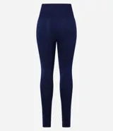 Calza deportiva larga color azul marino, de poliamida sin estampa y con acabado seamless. Tiene recortes laterales texturizados y efecto levanta glúteos.