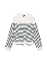 Buzo blanco con rayas horizontales azules y detalle de línea roja con la palabra 'Happiness' bordada en rojo.