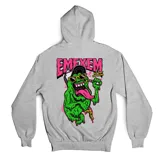 Canguro lila con capucha, bolsillo frontal y puños y cintura acanalados. Estampado frontal con el logo de la marca "Emexem" en rosa y amarillo.