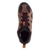 Bota de senderismo Merrell Yokota 2 Mid WP color marrón, con detalles en negro y naranja. Fabricada con gamuza y malla resistente a la abrasión, con membrana impermeable y suela de goma.