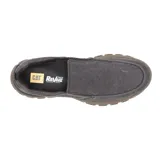 Zapato Caterpillar tipo slip-on color gris oscuro, con capellada de lona, forro de tejido transpirable, plantilla de espuma de PU moldeada, entresuela de EVA y suela de goma.
