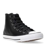 Championes de caña alta Converse All Star Chuck Taylor de cuero negro con cordones negros y suela de goma blanca.