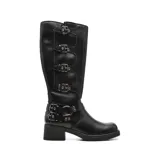 Bota negra de caña alta con hebillas decorativas, taco cuadrado y suela track.