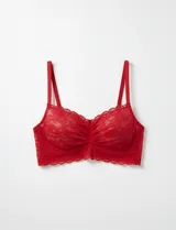 Bralette de encaje floral rojo, sin aro ni relleno, con forro interno de microtul elastizado, breteles regulables y cierre trasero de tres posiciones.